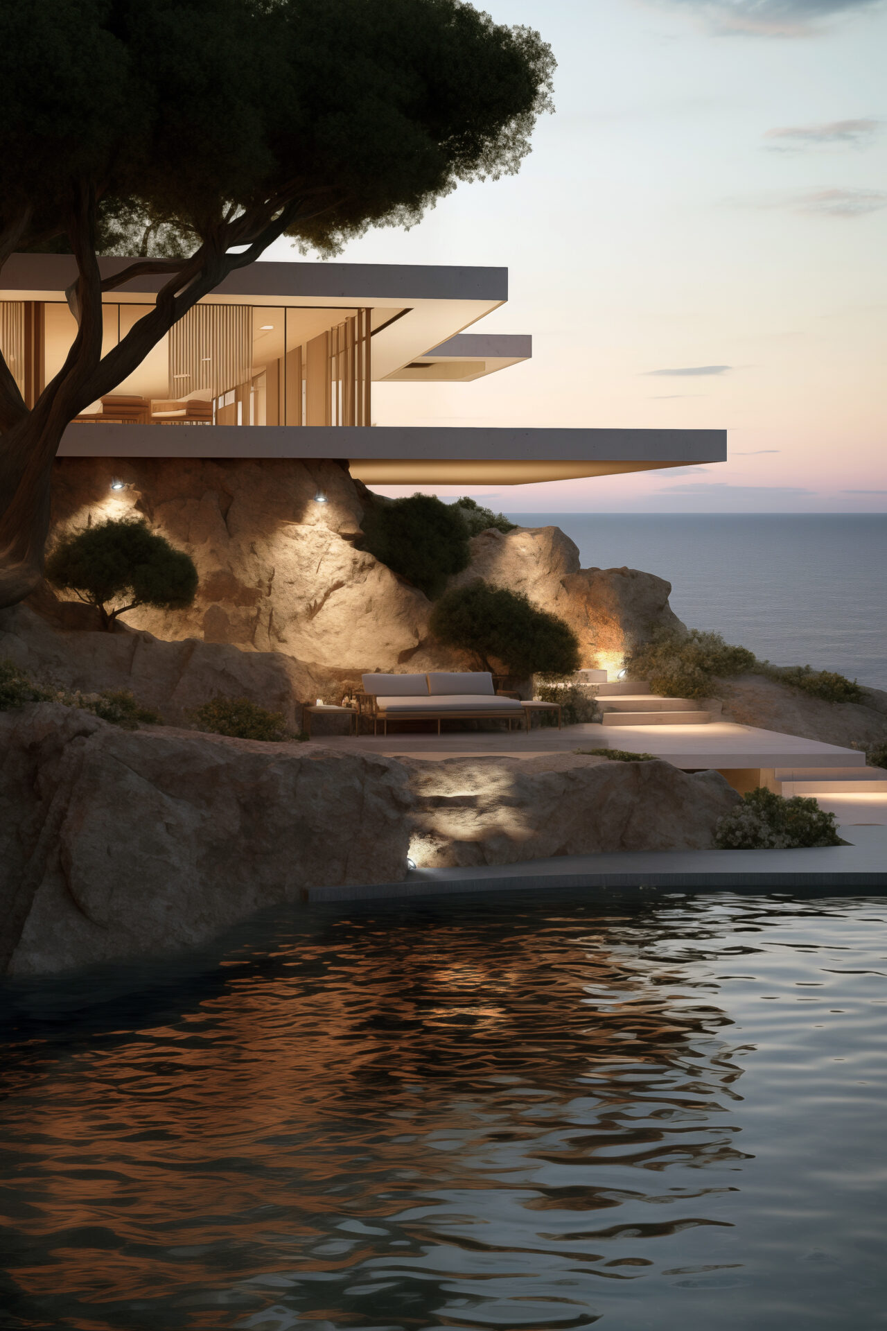Clark 316 utelamper utenfor en villa ved havet.
