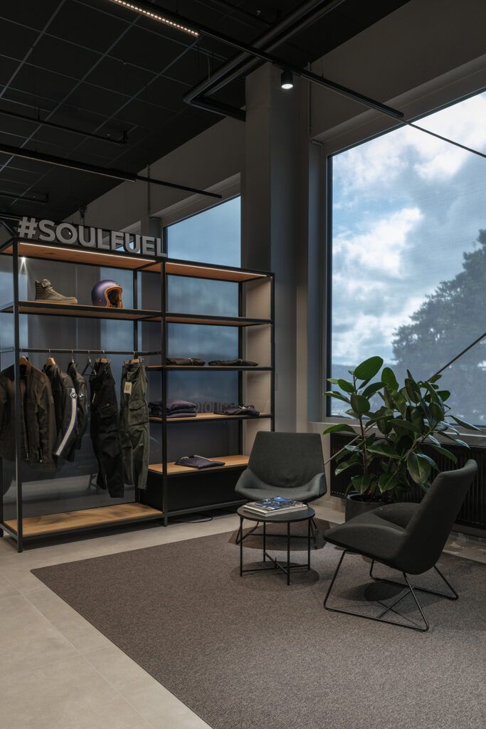 Belyste hyller skinner i taket med spotter og ledlys.