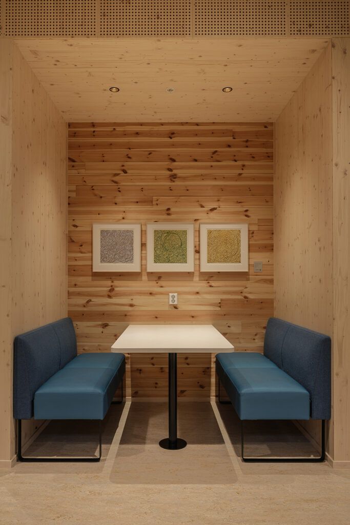 Nisje med belysning i taket og sofaer på gulvet.