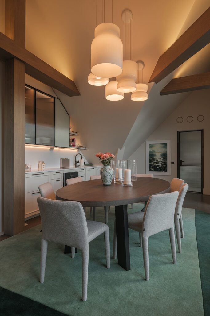 Kjøkken med hvite pendler over spisebord.