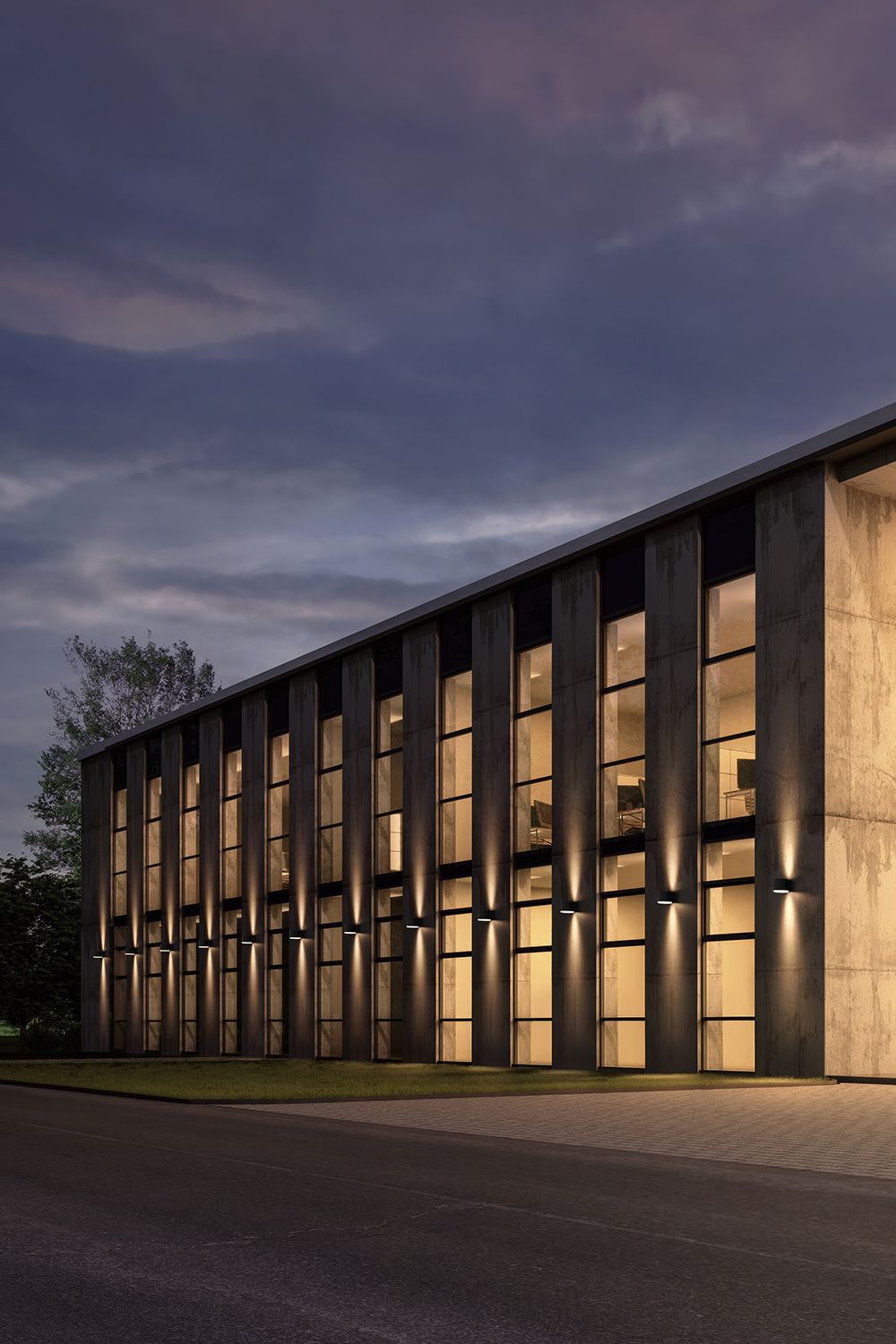 Flere Osido utelamper fra Trilux på en fasade.