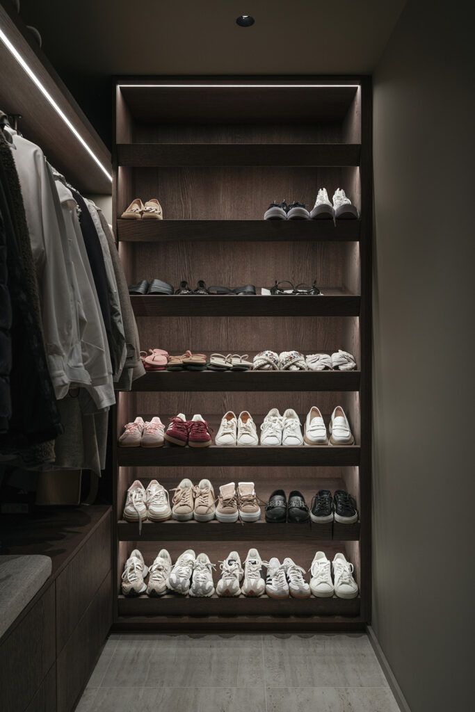 LED-lister i skap og hyller i walk-in-closet i bolig på Hinna i Stavanger.